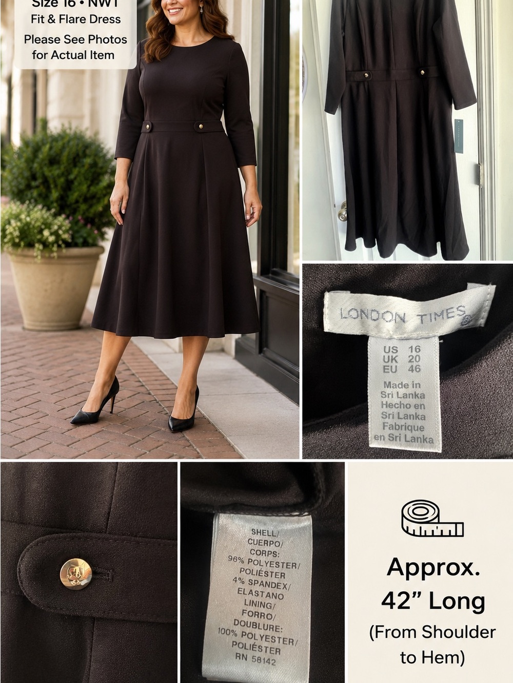NWT London Times Women's Black Fit & Flare Midi Skirt Dress size 16